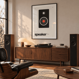 Swiss style speaker print in a mid century listening room