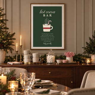 Green Christmas cocoa print in a dining sideboard at Christmas