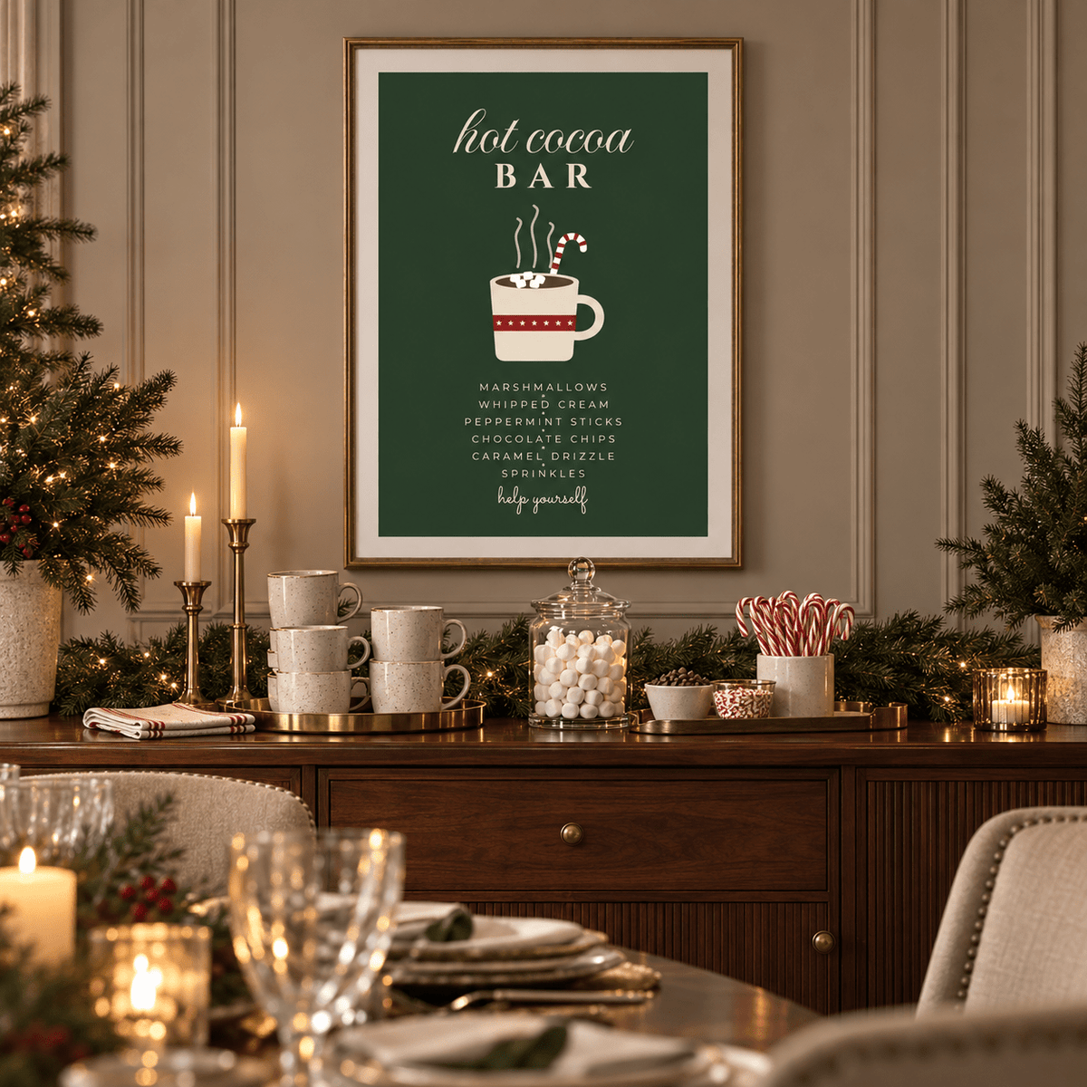 Green Christmas cocoa print in a dining sideboard at Christmas