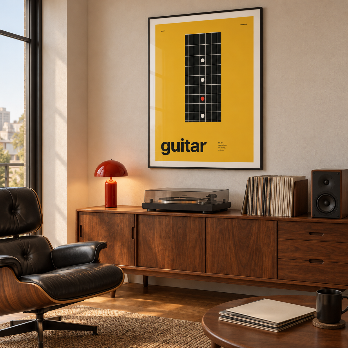 Swiss style guitar print above a sideboard in a listening room