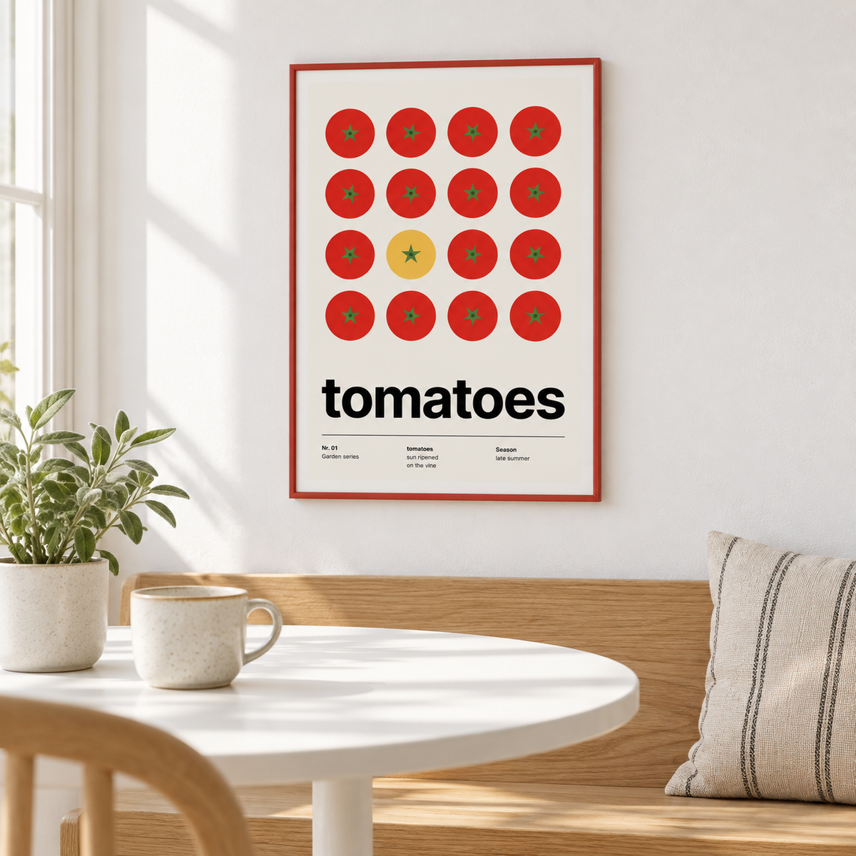 One yellow tomato among red ones above a table in a sunny breakfast nook
