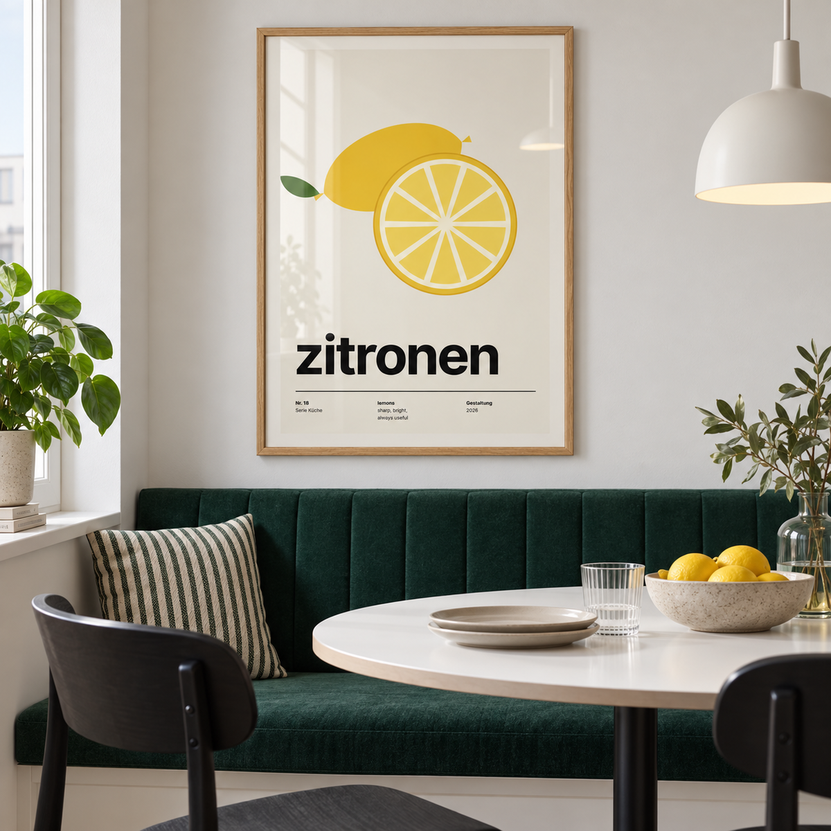 Swiss style lemon typography print above a banquette in an emerald dining
