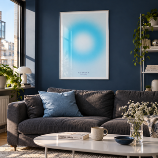 White and aqua halo print in a lounge against a midnight wall