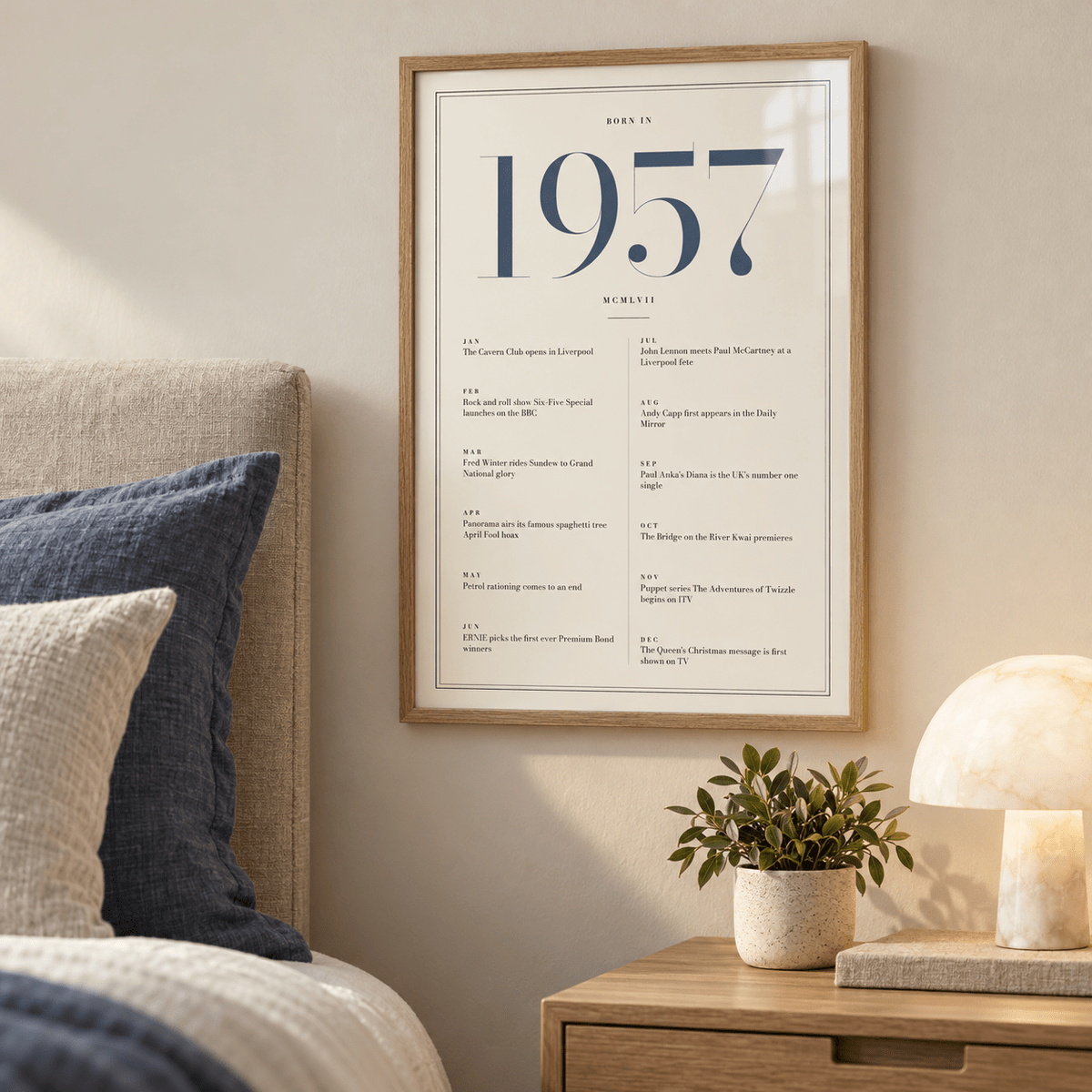 Refined 1957 print with twelve monthly moments in a bright home interior