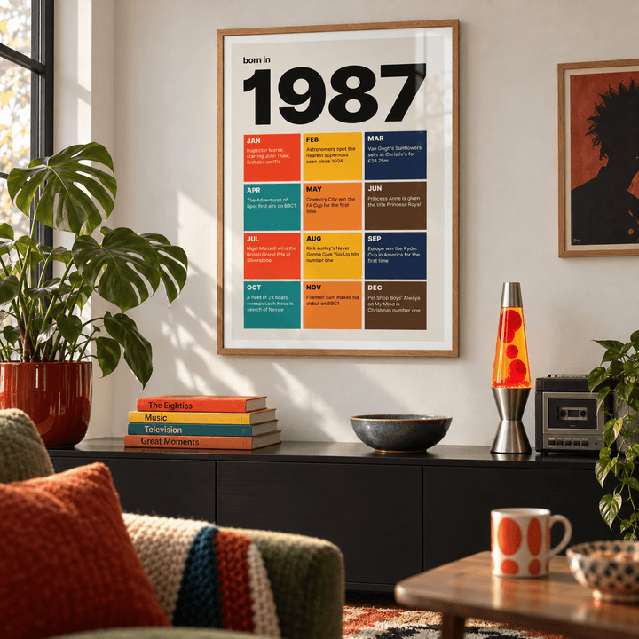 1987 birth year print in retro tile colours in a bright home interior