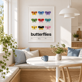 Swiss style butterfly grid print above a breakfast table in a family kitchen