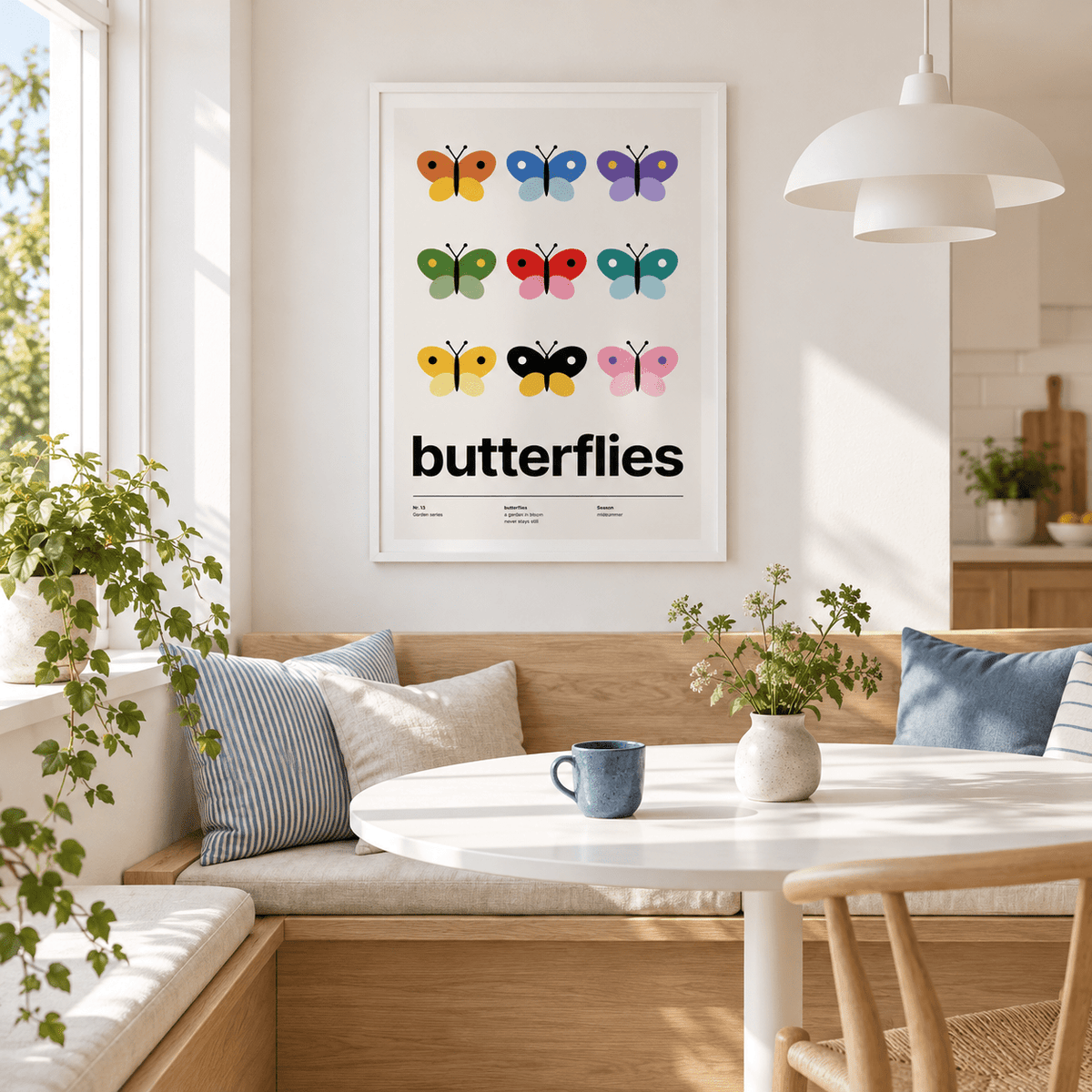 Swiss style butterfly grid print above a breakfast table in a family kitchen