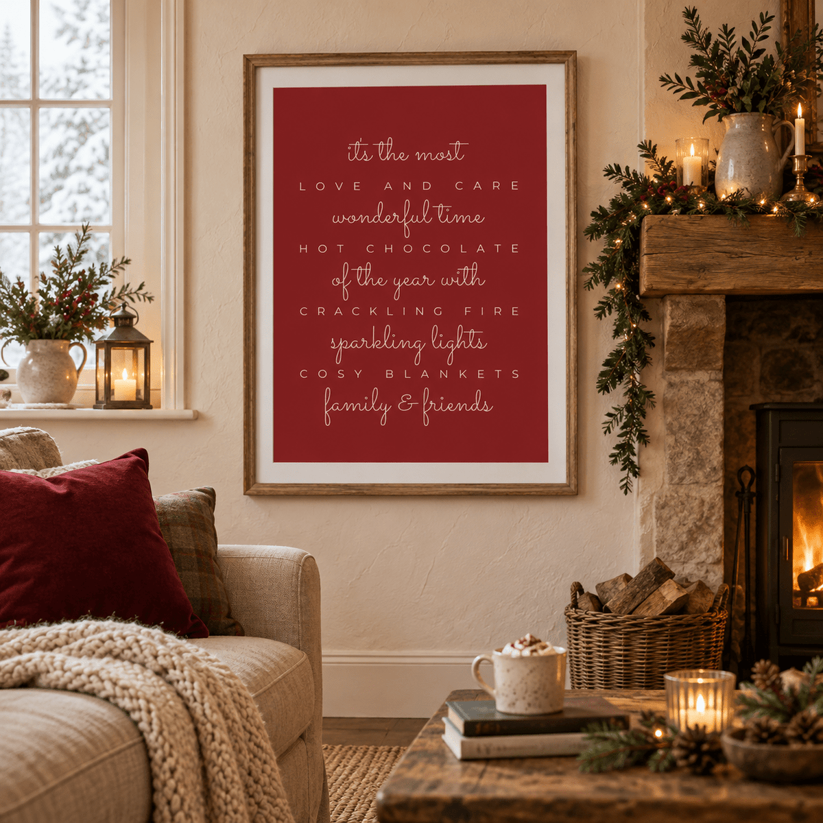 Red and cream Christmas quote print in a country living room at Christmas