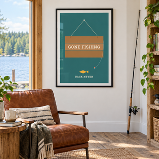 Fishing retirement print in a cosy reading nook by a window