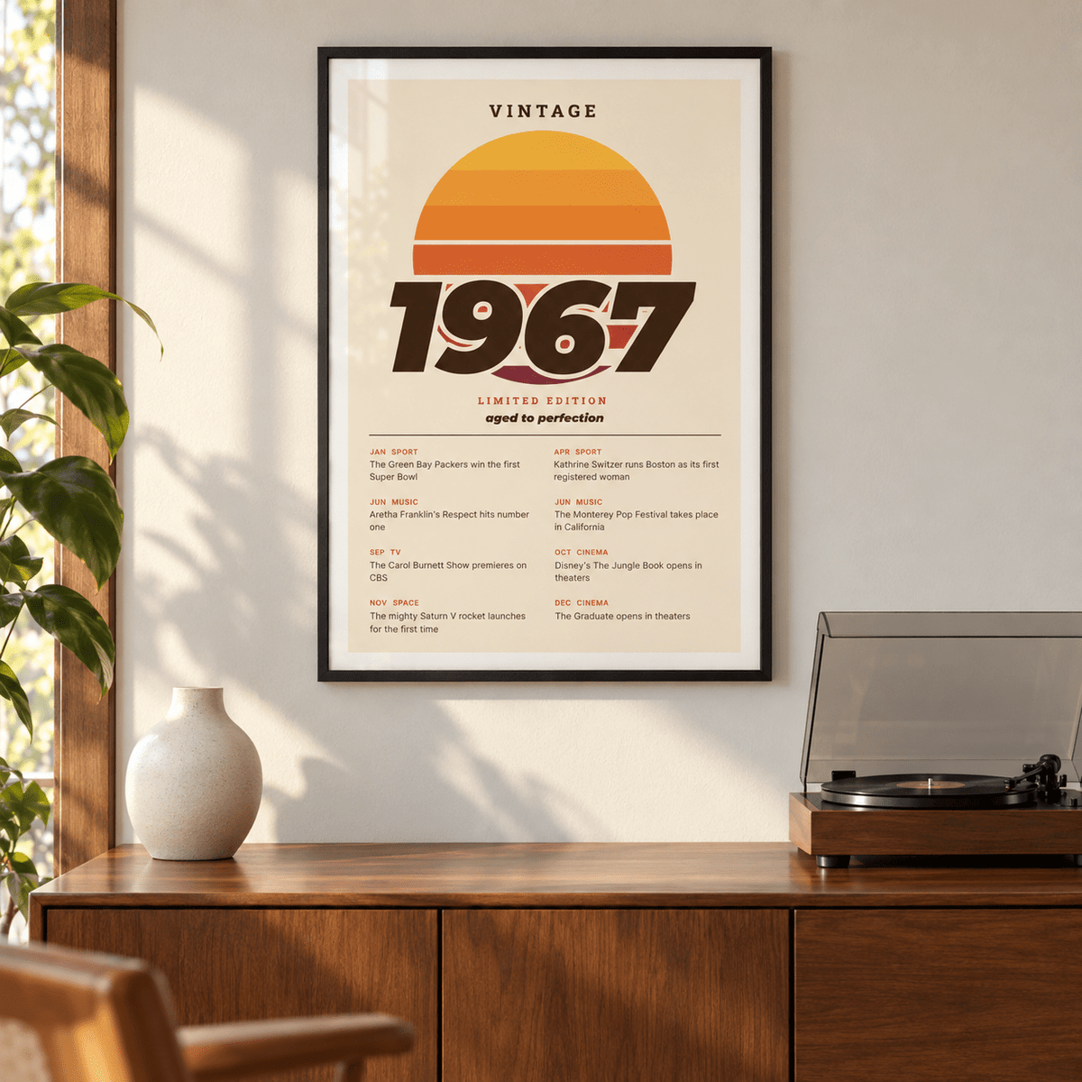 Limited edition 1967 birthday print in sunset tones in a bright home interior