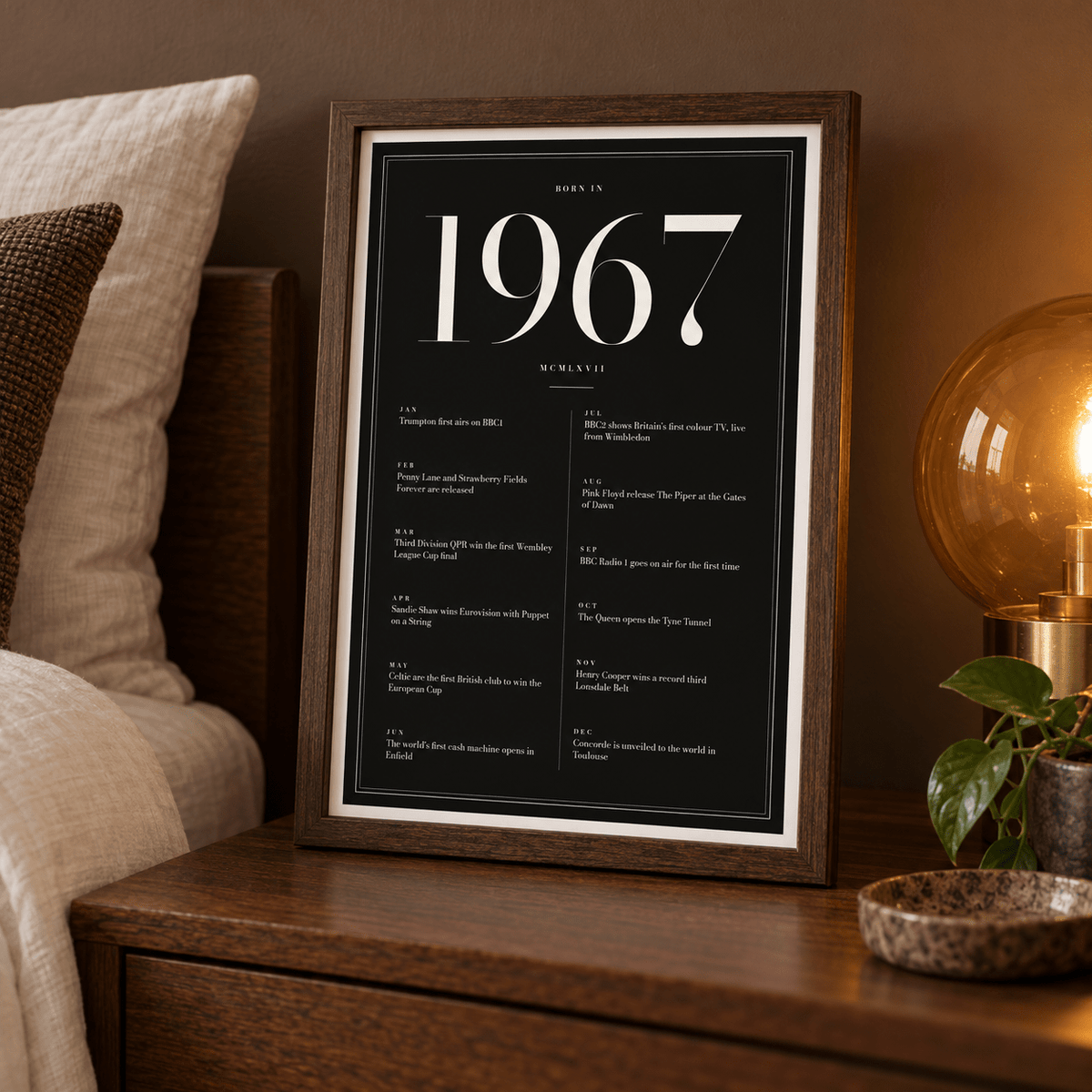 Elegant 1967 print with twelve monthly moments in a bright home interior