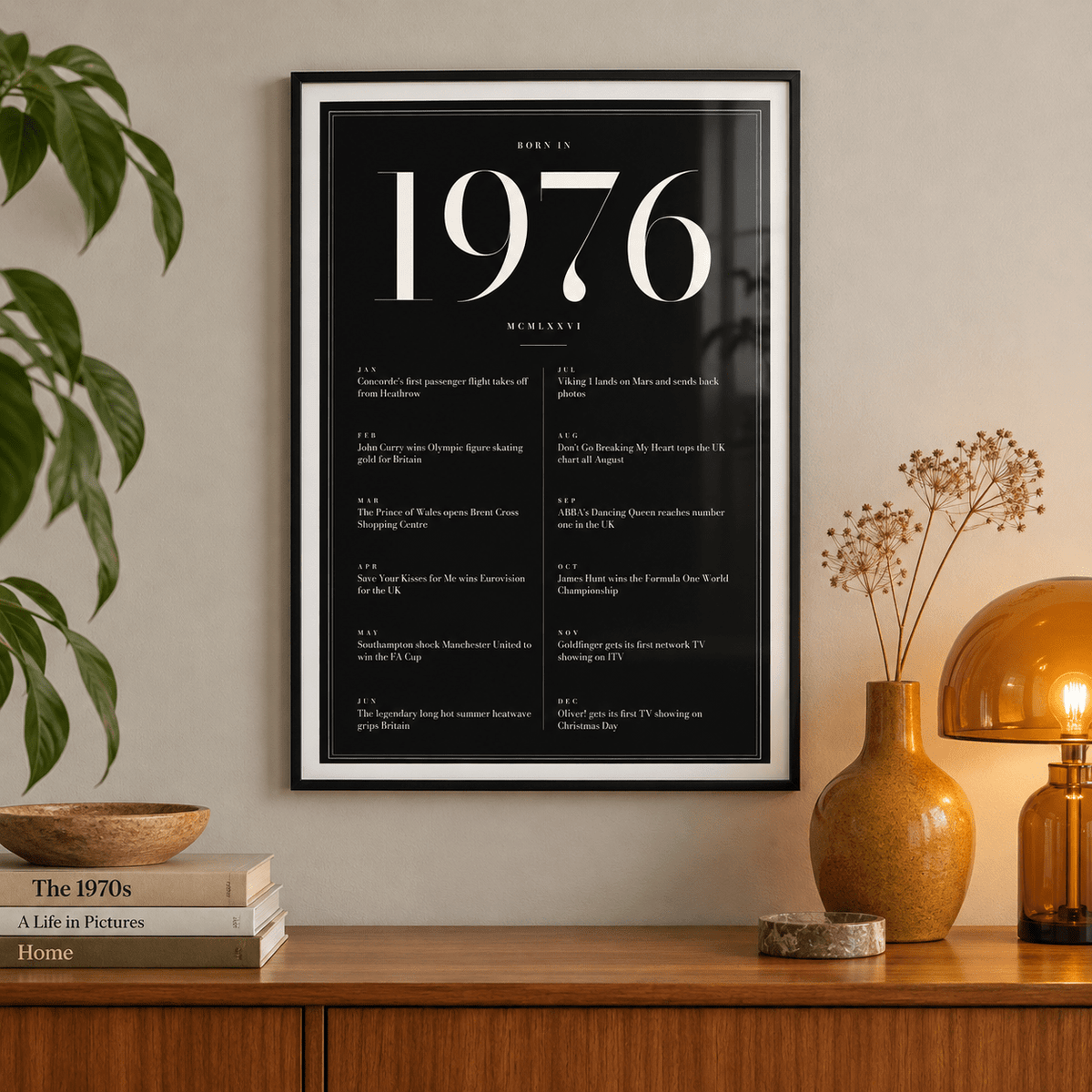 Elegant 1976 print with twelve monthly moments in a bright home interior
