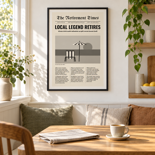 Funny retirement newspaper print above a breakfast table in a family kitchen