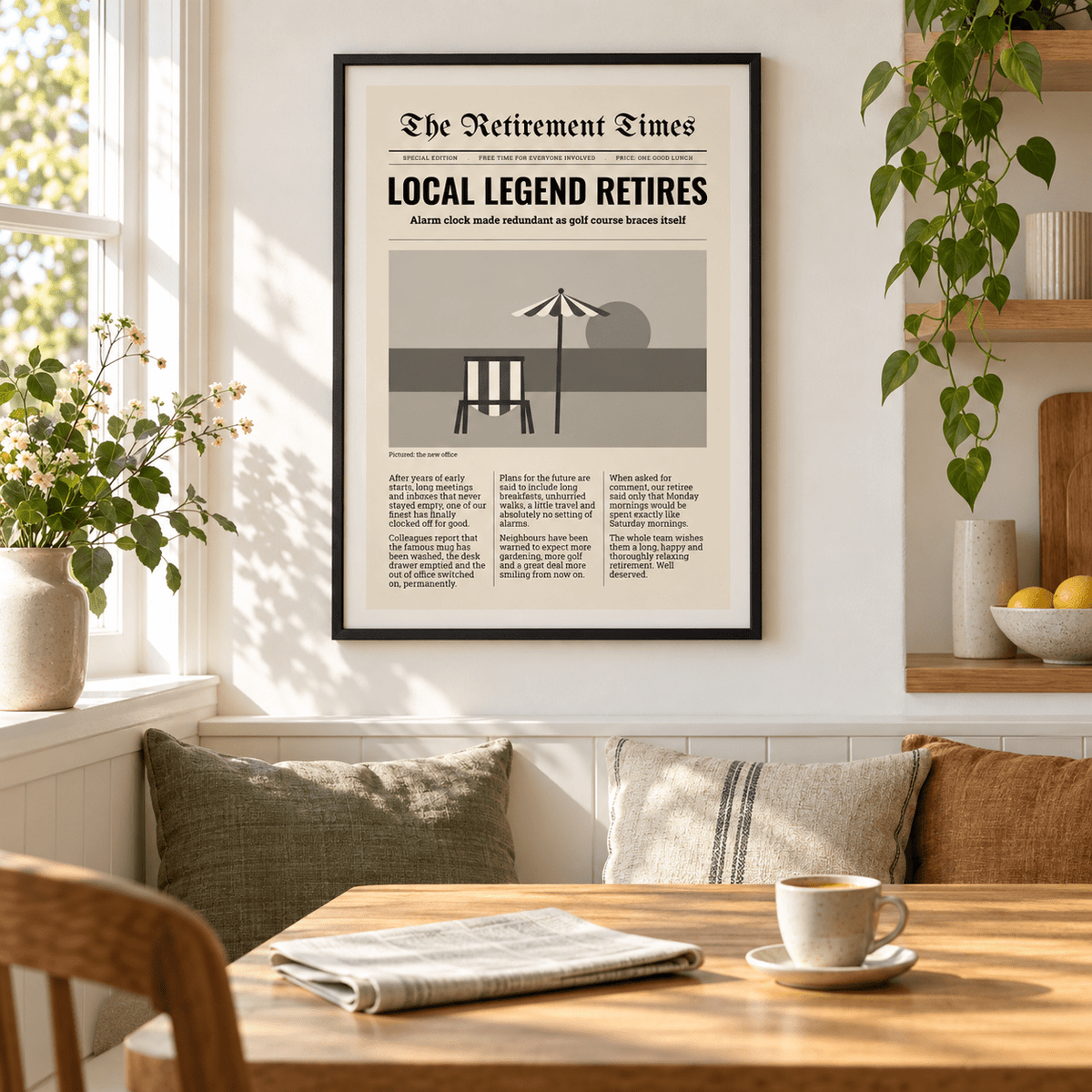 Funny retirement newspaper print above a breakfast table in a family kitchen