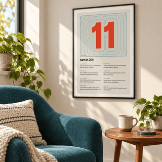 Topographic 2011 birth year print on cream in a bright home interior