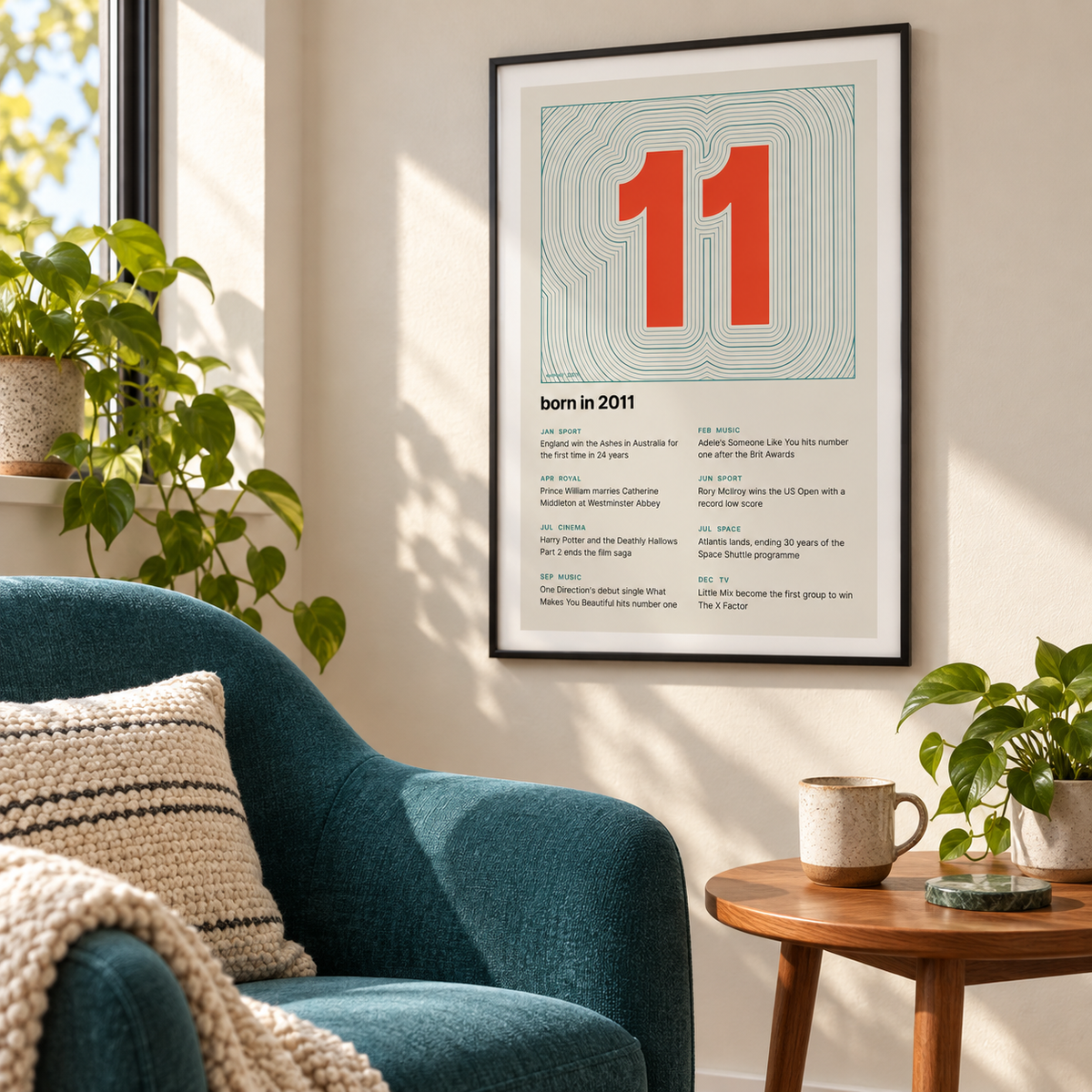Topographic 2011 birth year print on cream in a bright home interior