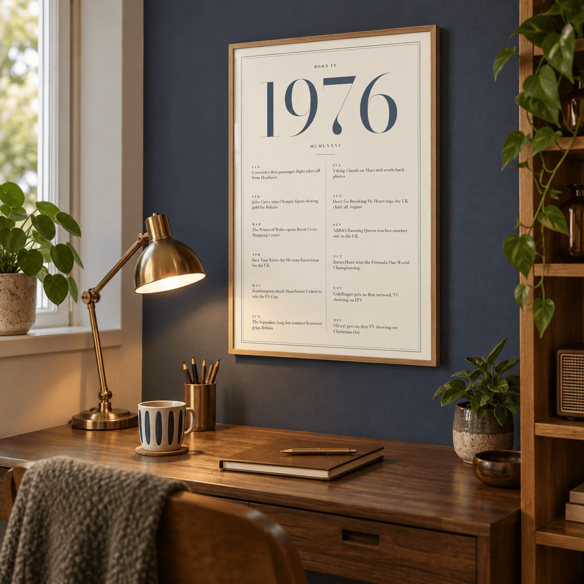 Refined 1976 print with twelve monthly moments in a bright home interior