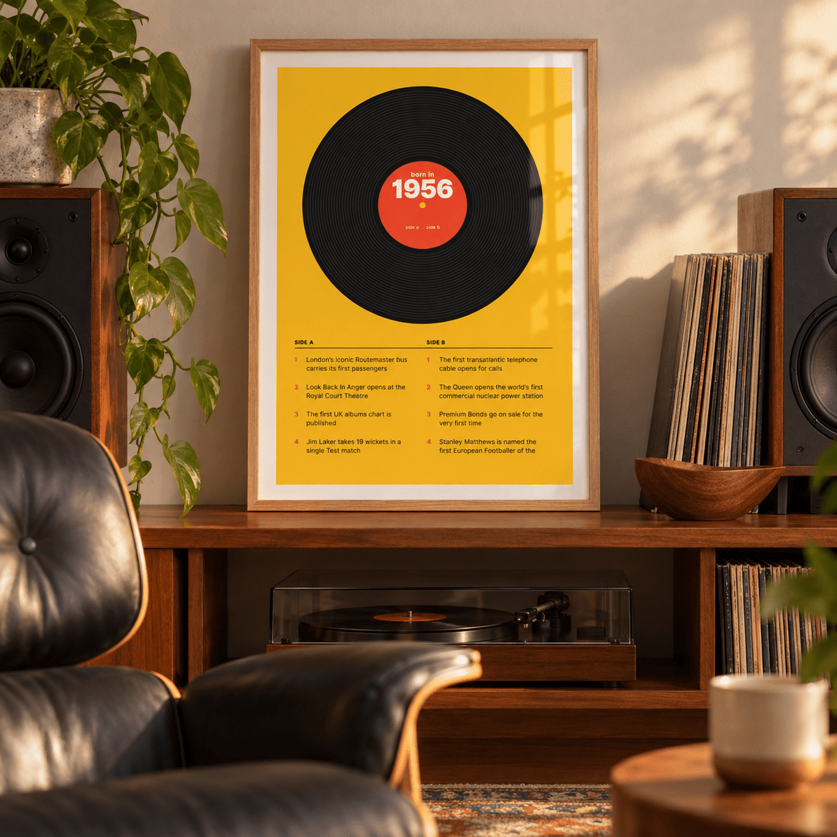 Retro 1956 print with a two sided tracklist in a bright home interior