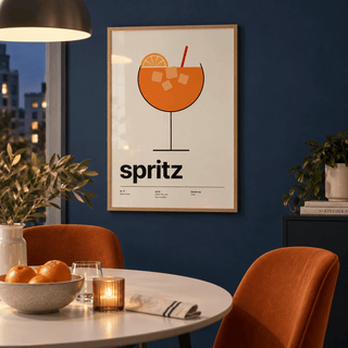 Swiss style spritz typography print in a dining room against a blue wall