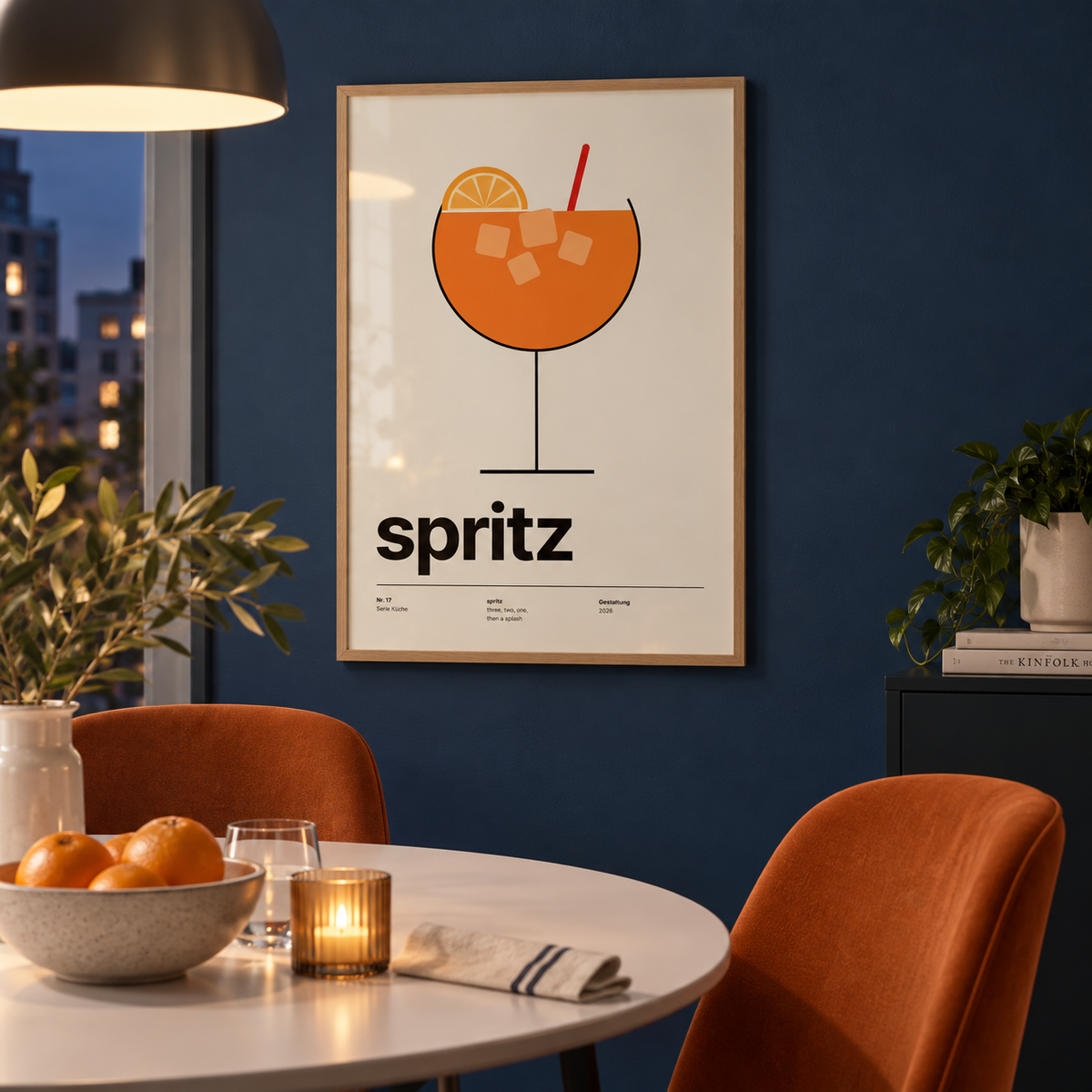 Swiss style spritz typography print in a dining room against a blue wall