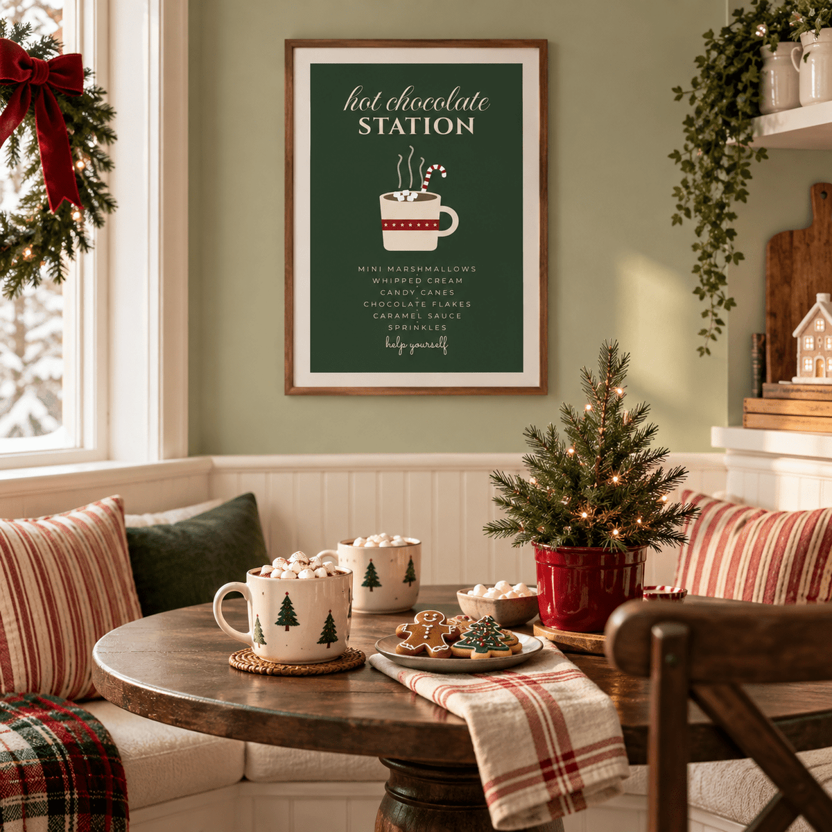 Green Christmas drinks sign print in a dining nook at Christmas