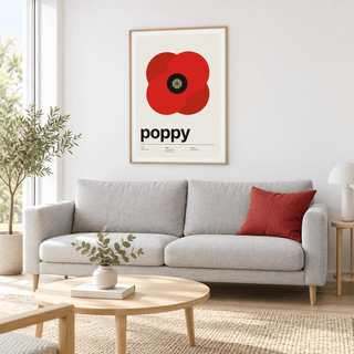 Swiss style poppy print above a grey sofa in a living room
