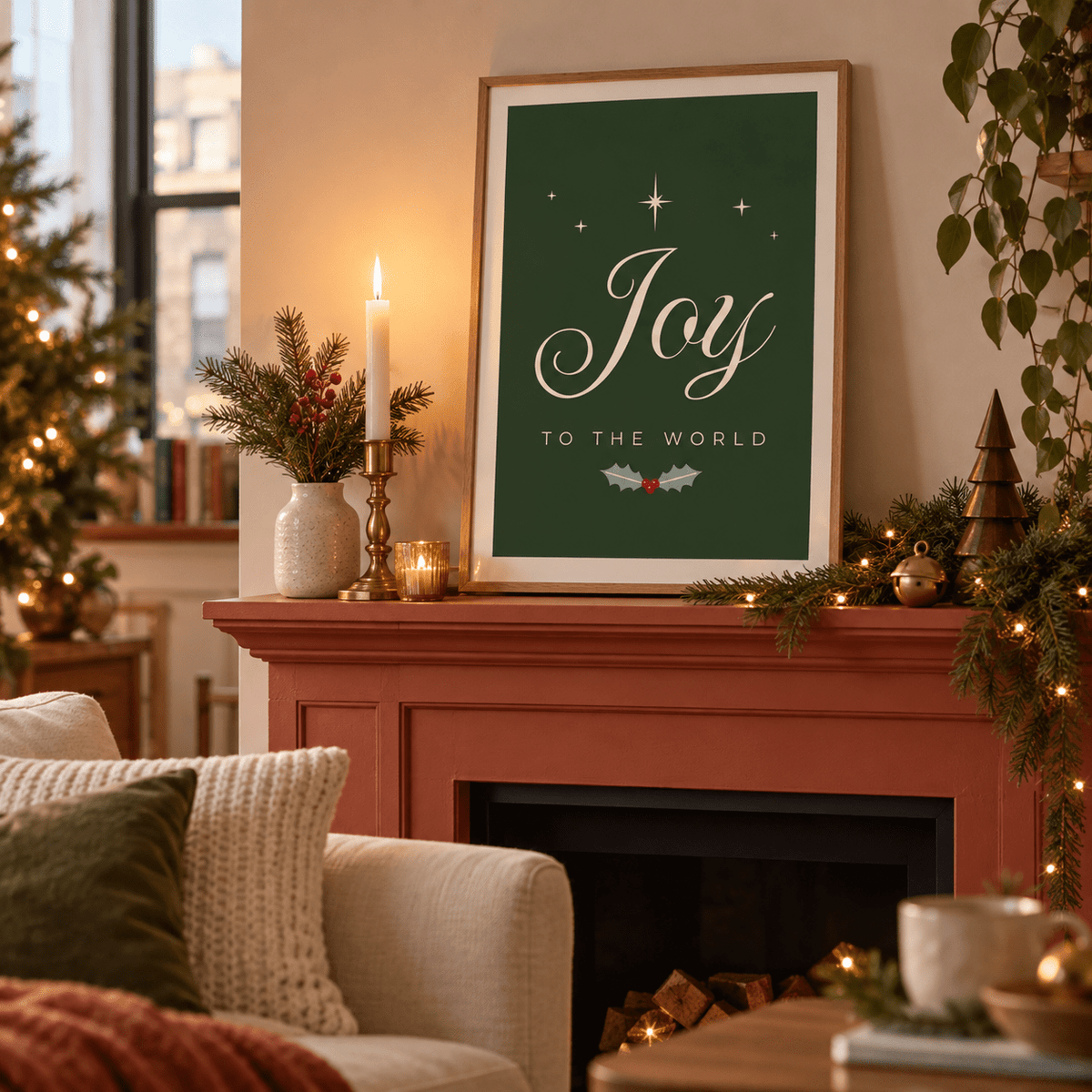 Joy Christmas print leaning on a red mantelpiece with candles and garland