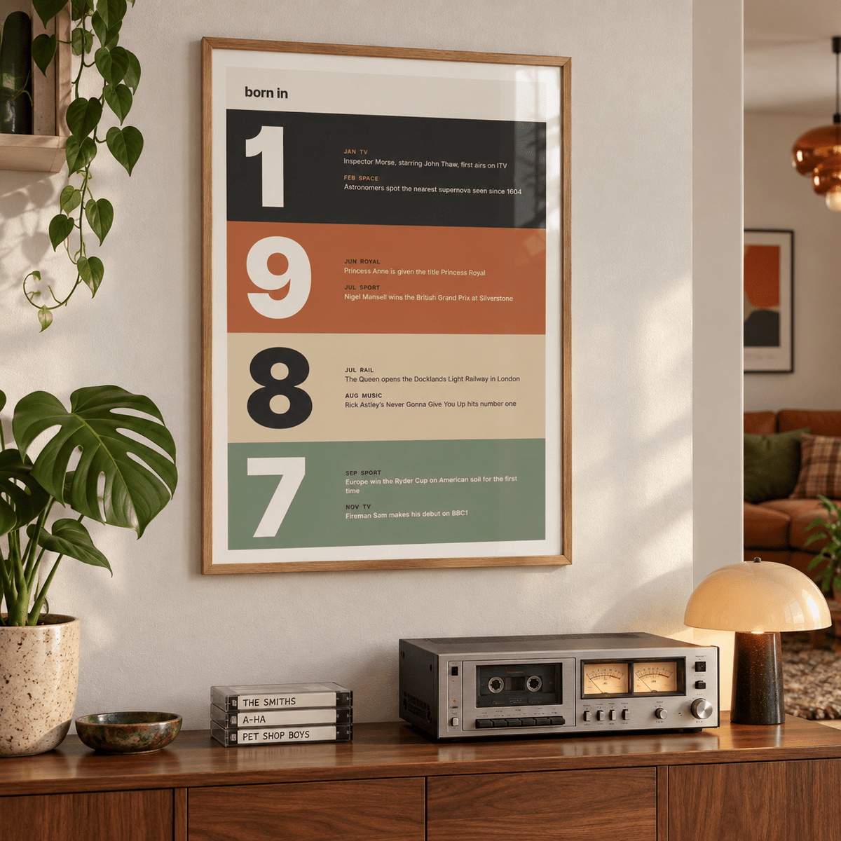 Stacked year print of 1987 in warm earth tones in a bright home interior