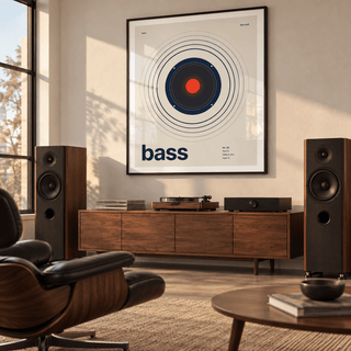 Swiss style bass print in a mid century listening room