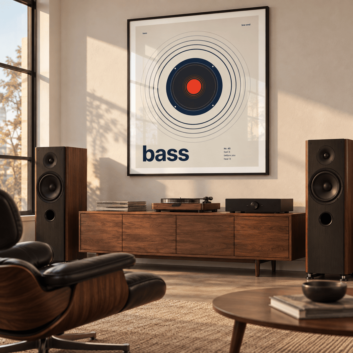 Swiss style bass print in a mid century listening room