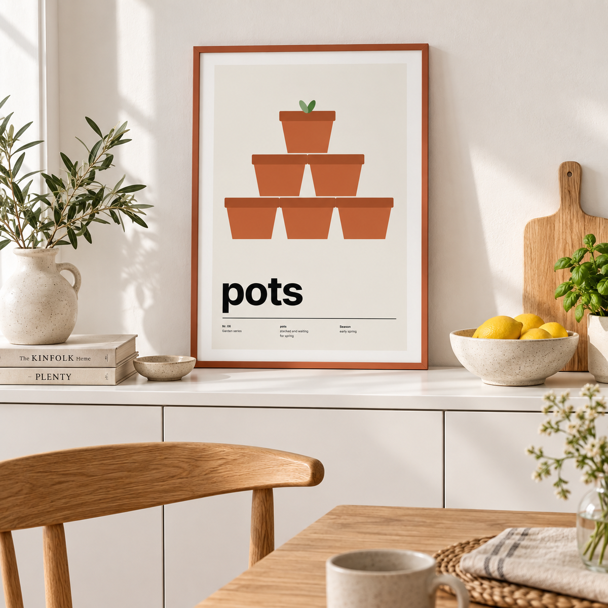 Swiss style flower pot print on the wall of a kitchen diner