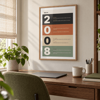 Stacked year print of 2008 in warm earth tones in a bright home interior
