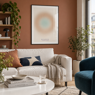 Warm sand gradient print with sage centre in a living room against a terracotta wall