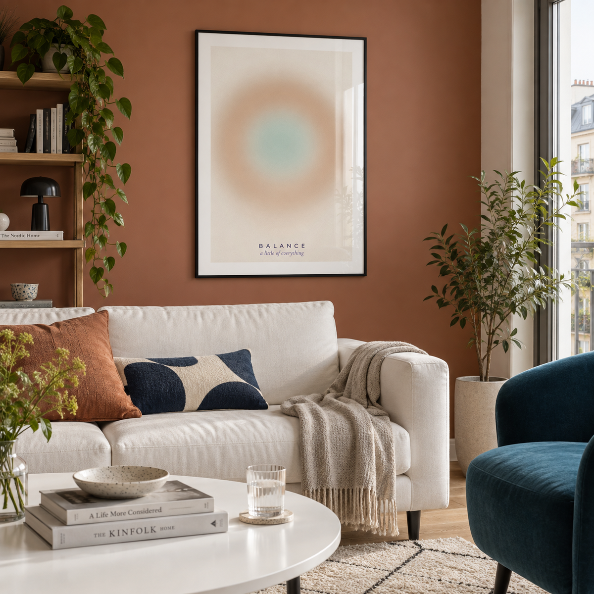 Warm sand gradient print with sage centre in a living room against a terracotta wall