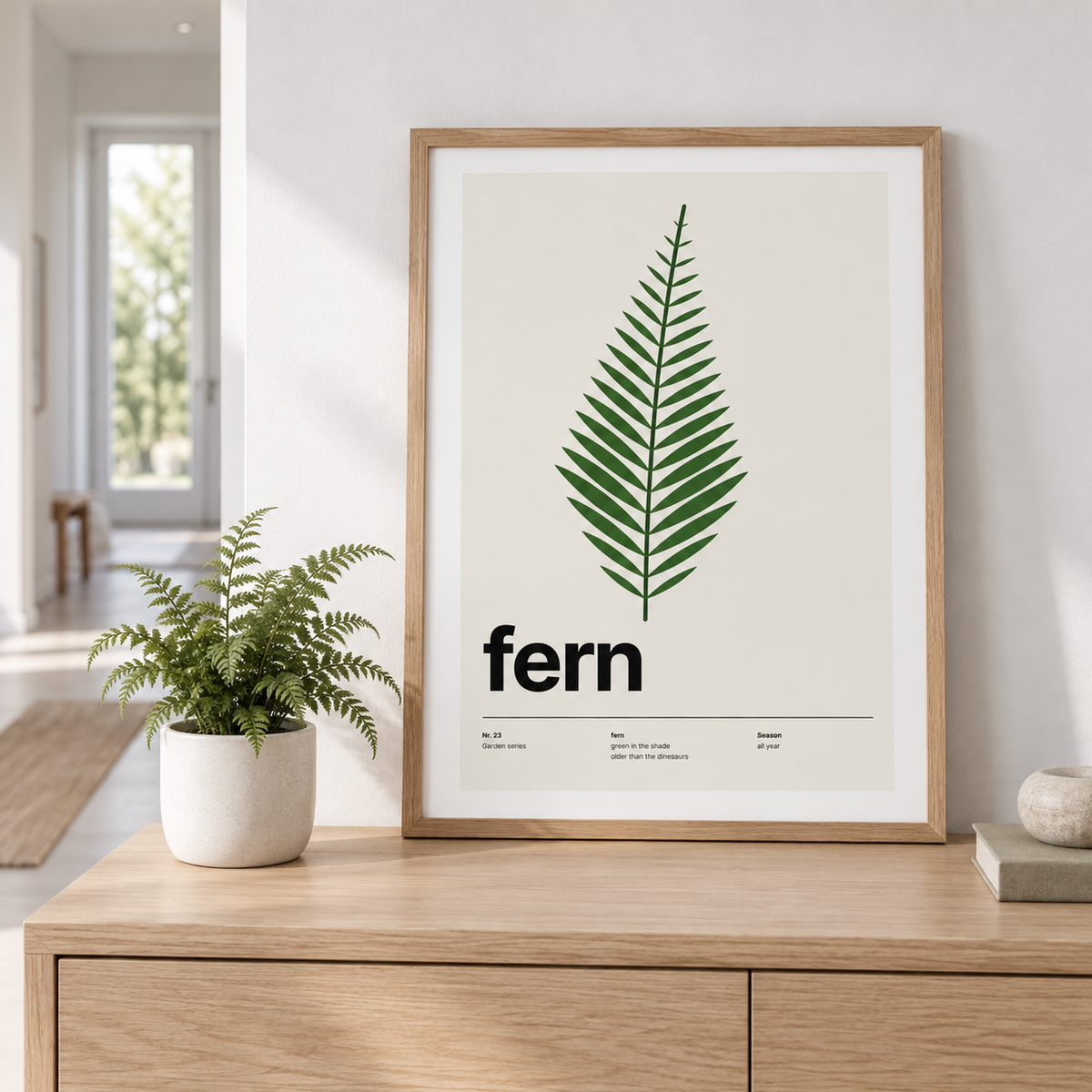 Swiss style fern leaf print on the wall of a cool shaded hallway