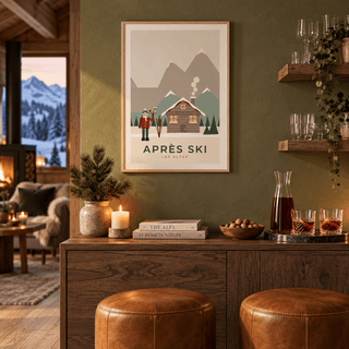 Les Alpes chalet print in a drinks corner at Christmas