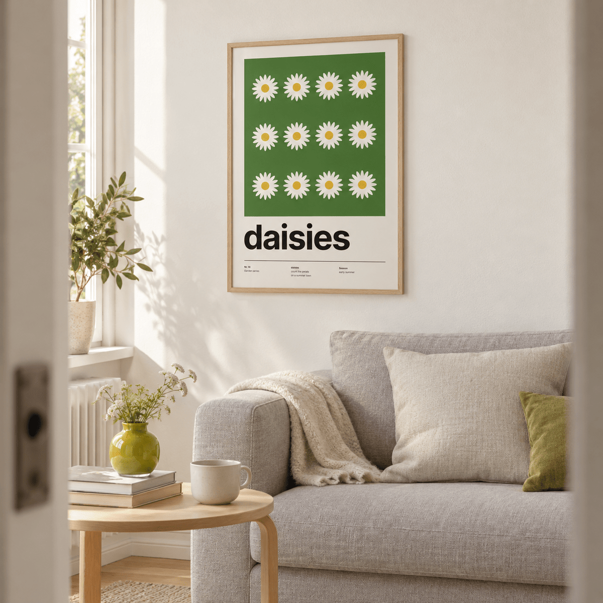 Swiss style daisy print in a living room alcove with soft light