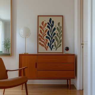 Cut paper print of branching fronds above a mid century sideboard in a hallway
