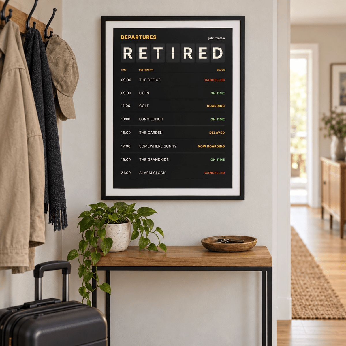 Funny retired departures print above a console in an entrance hall