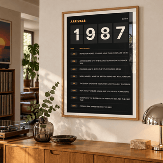 Black and amber 1987 birth year board print in a bright home interior
