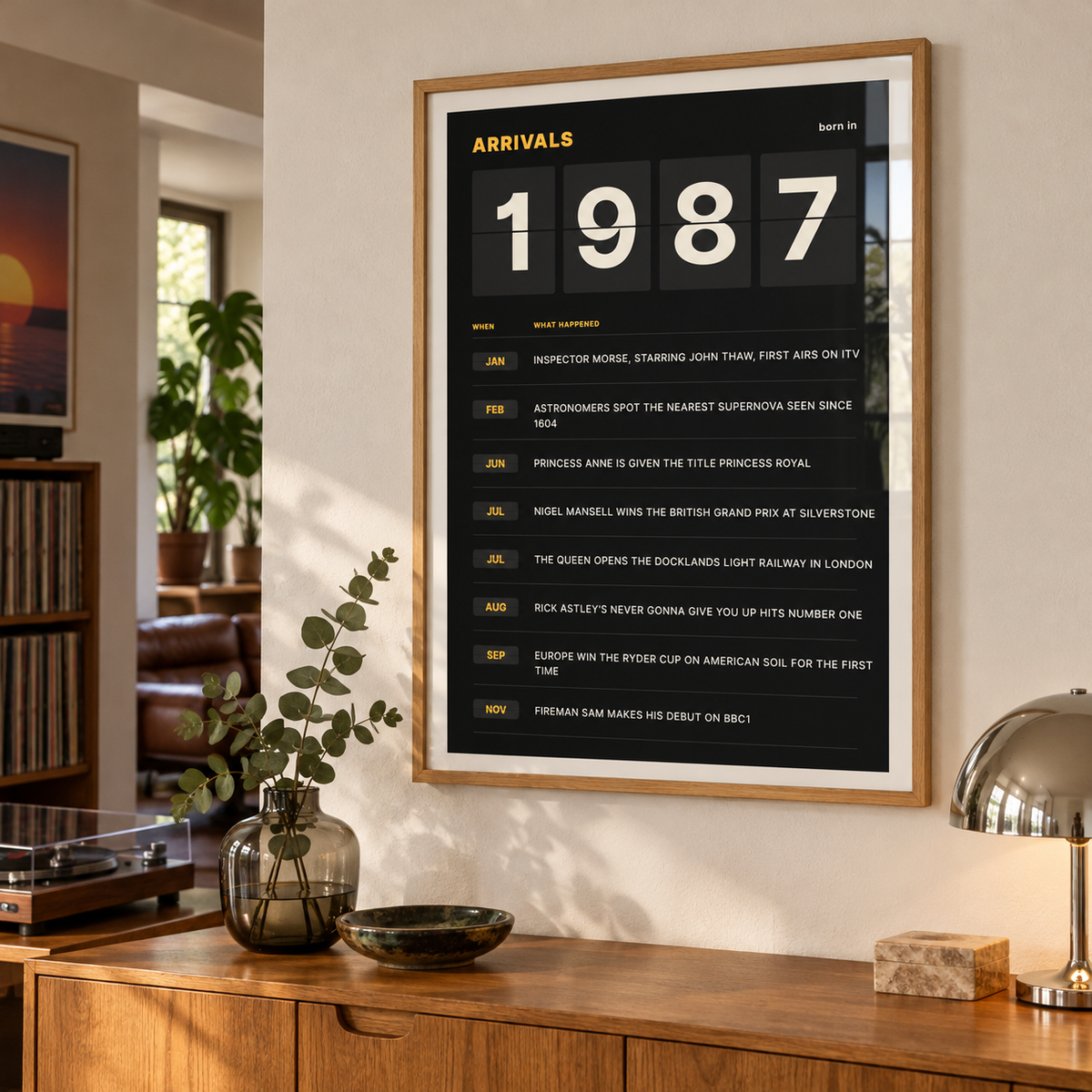 Black and amber 1987 birth year board print in a bright home interior