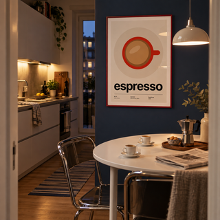 Swiss style espresso typography print in a dining kitchen against a midnight wall