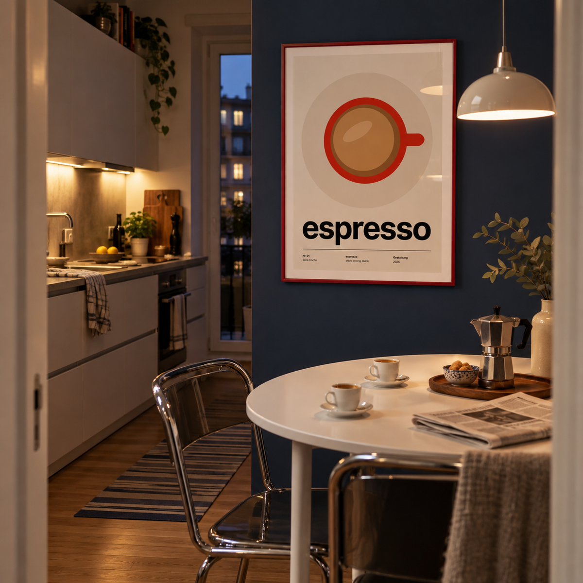 Swiss style espresso typography print in a dining kitchen against a midnight wall