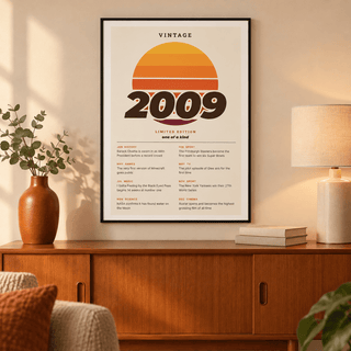 Limited edition 2009 birthday print in sunset tones in a bright home interior