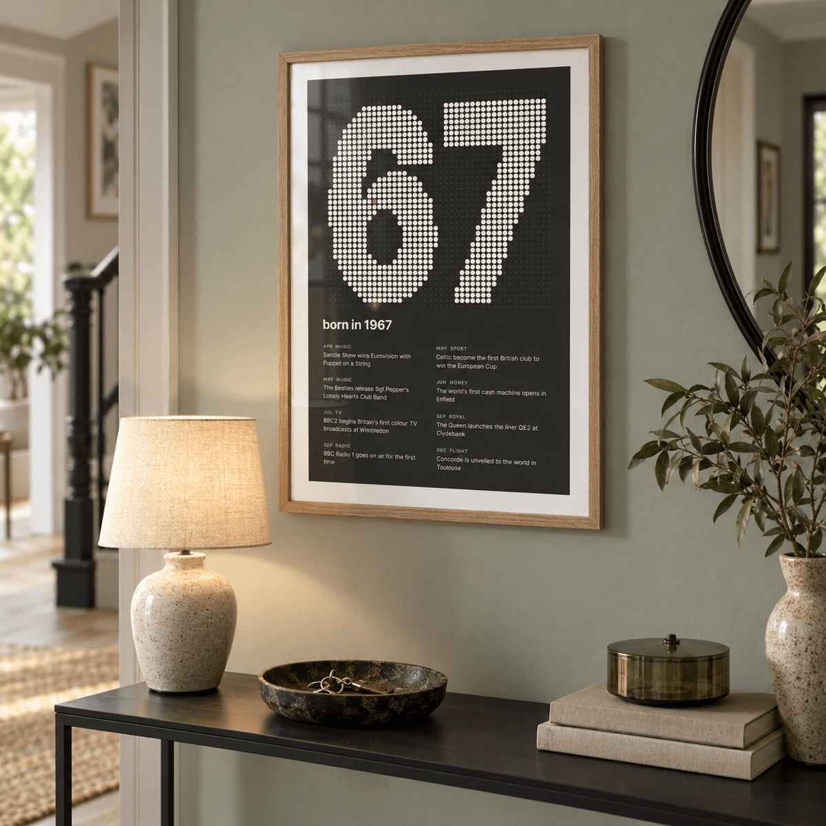 Dotted 1967 birth year print with one red dot in a bright home interior