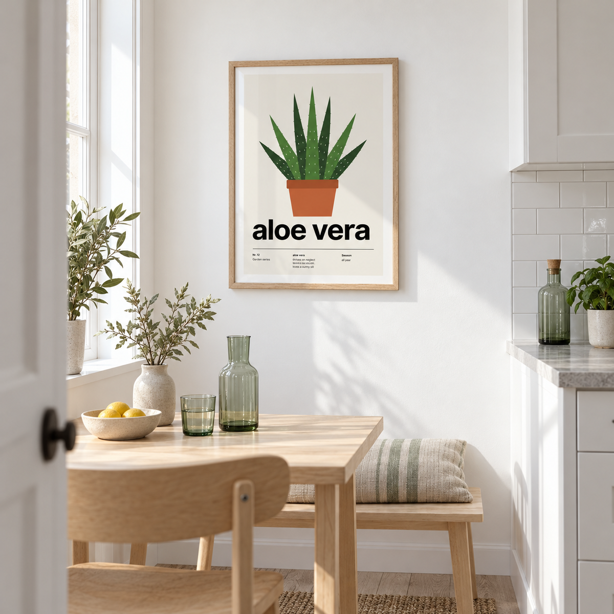 Swiss style aloe print on a kitchen wall above the worktop