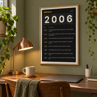 Black and amber 2006 birth year board print in a bright home interior