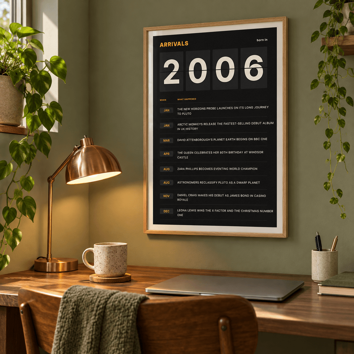 Black and amber 2006 birth year board print in a bright home interior