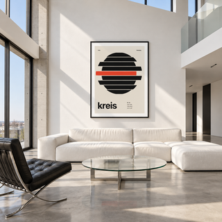 Swiss style circle typography print above a sofa in a living room
