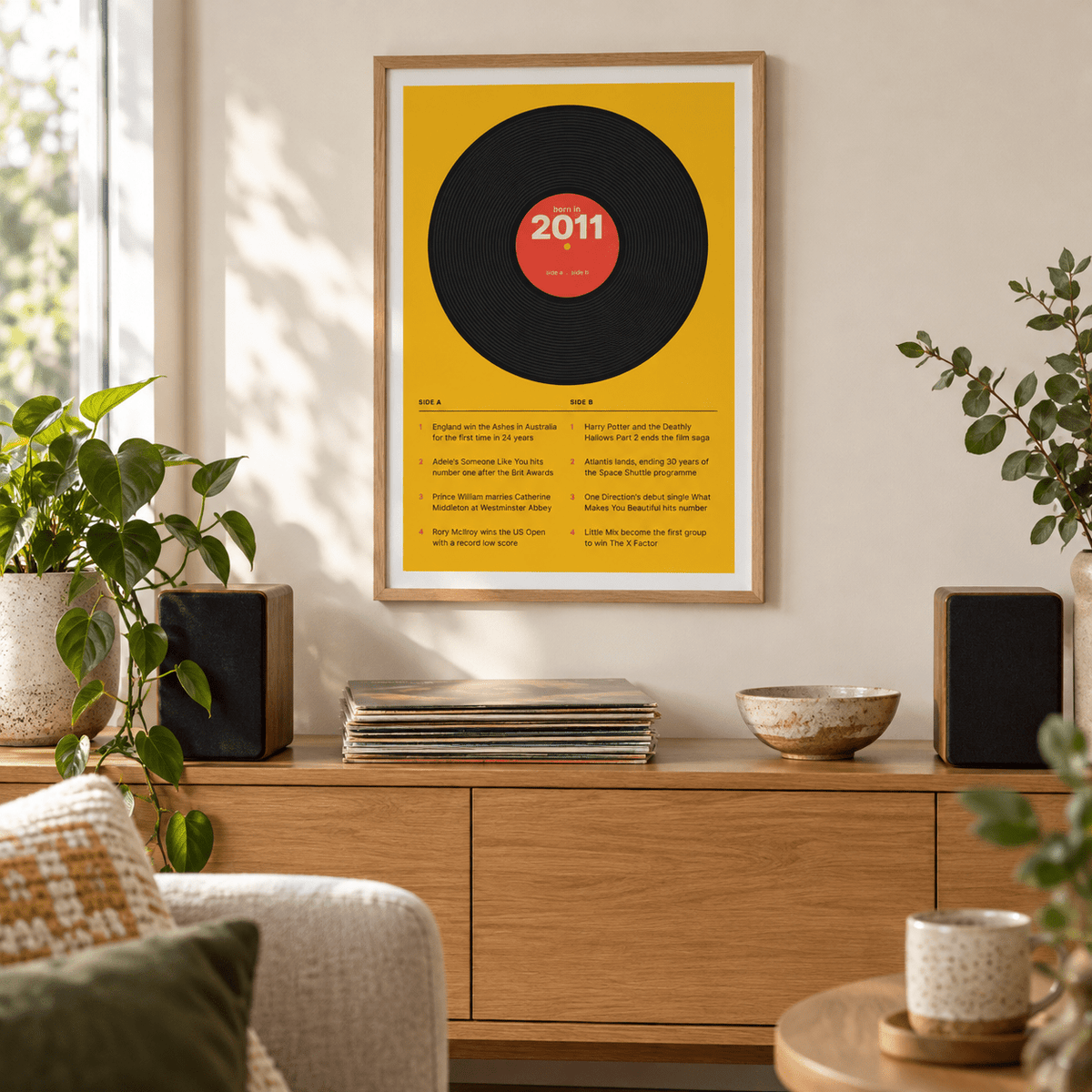 Retro 2011 print with a two sided tracklist in a bright home interior